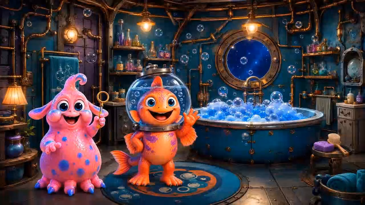 Boop and Salmon in the Bubble Washroom