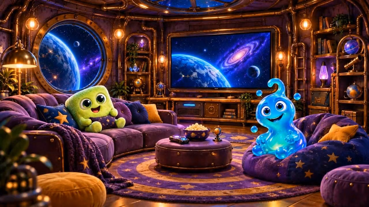 Two alien friends relaxing in the spaceship TV Room
