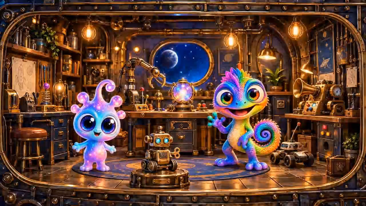 Neee and Tiki in the spaceship Workshop